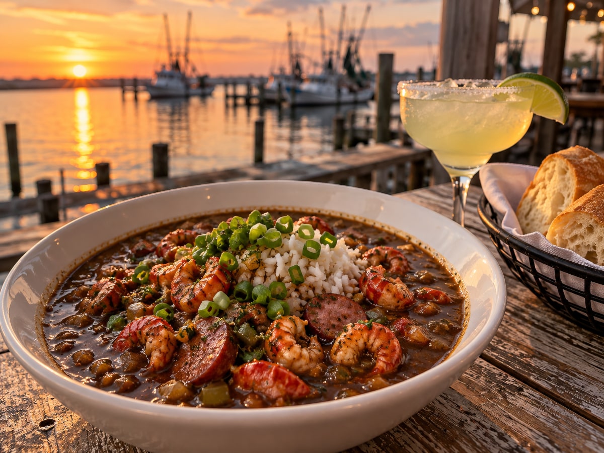 Crawfish and sausage gumbo served on the patio at Waterman's Galveston TX with West Bay in the background